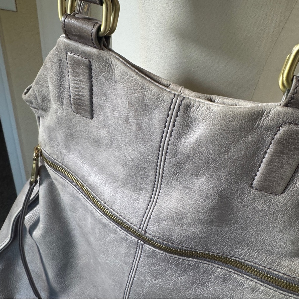 HOBO Leather Crossbody Bag Gray Foldover Slouch Shoulder Purse - Picture 6 of 12